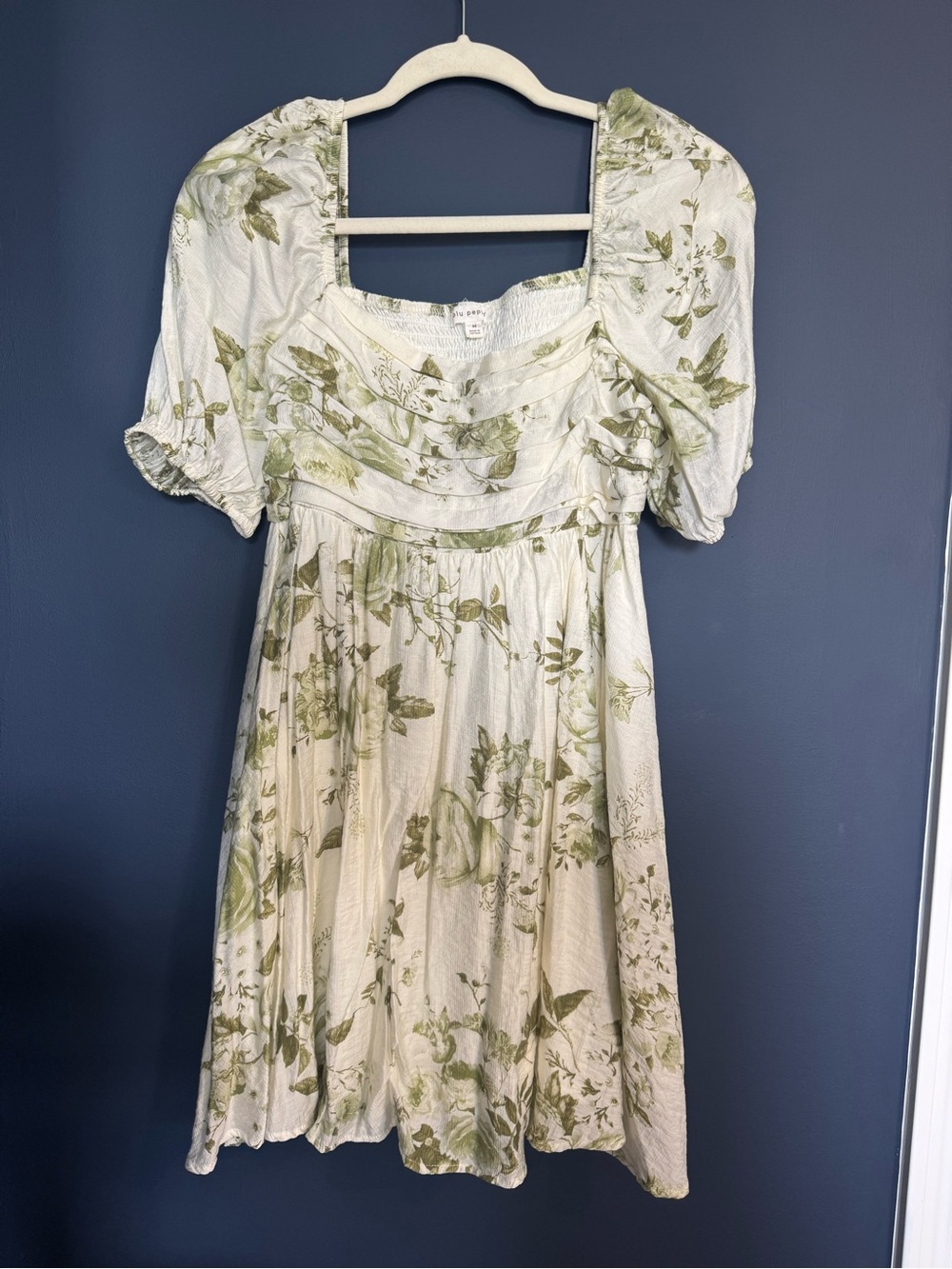 Blu Pepper Cream Mini Dress with Green Floral Print and Puff Sleeves